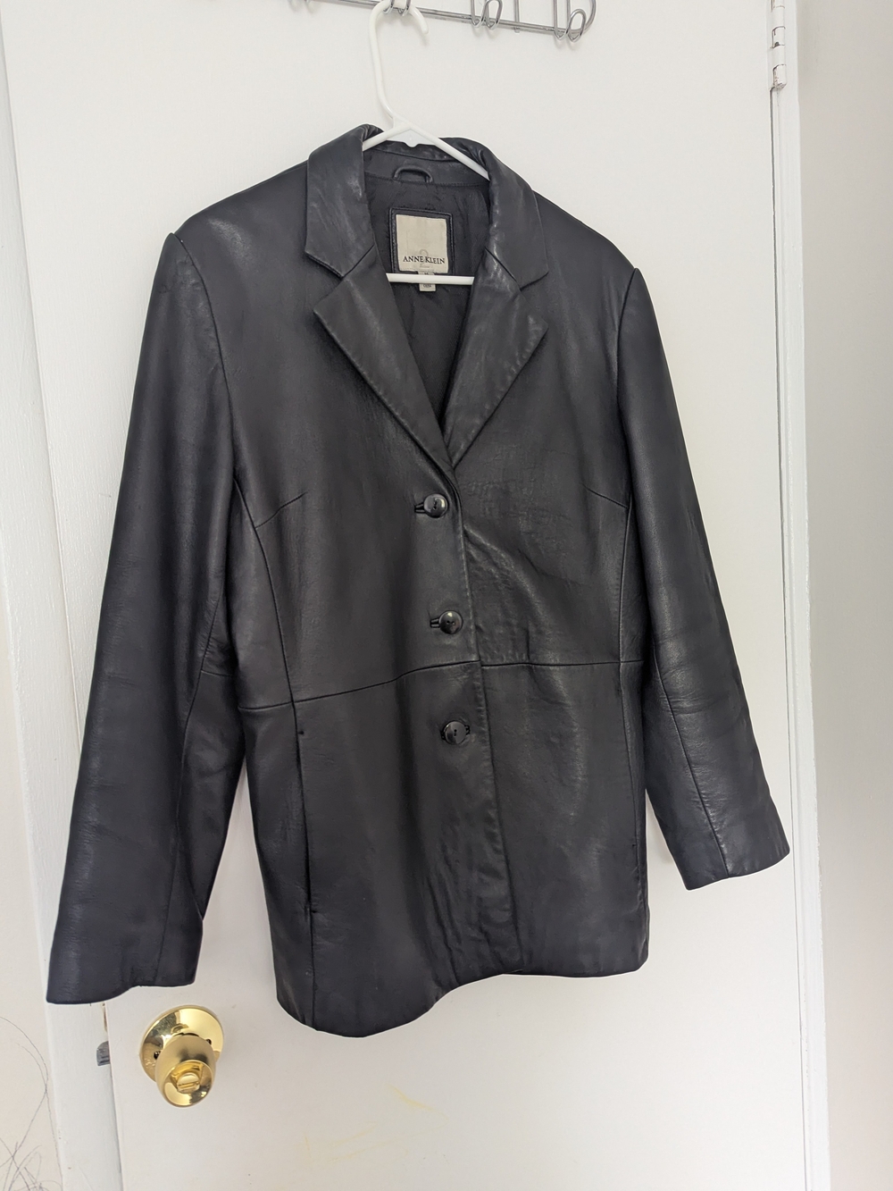 Anne Klein 100% Leather Blazer Jacket Black 3-Button Size M Vintage